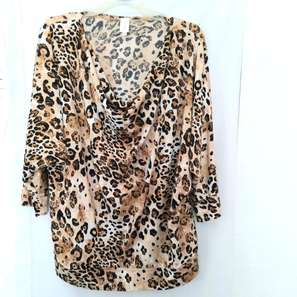 Jones New York Leopard Print Cowl Neck Women Stretch Blouse 3/4 Sleeve Size XL